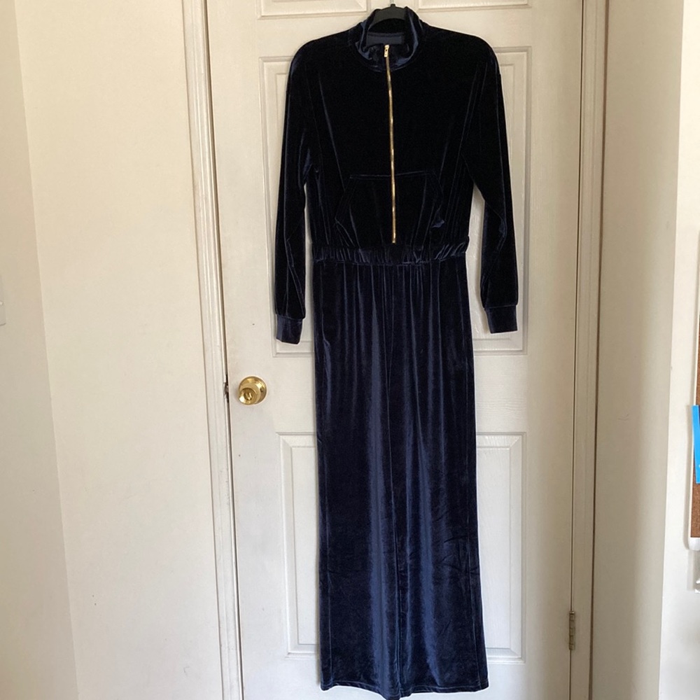 Fabletics Velour Zip-up Wide Leg Onesie Jumpsuit Blue Medium